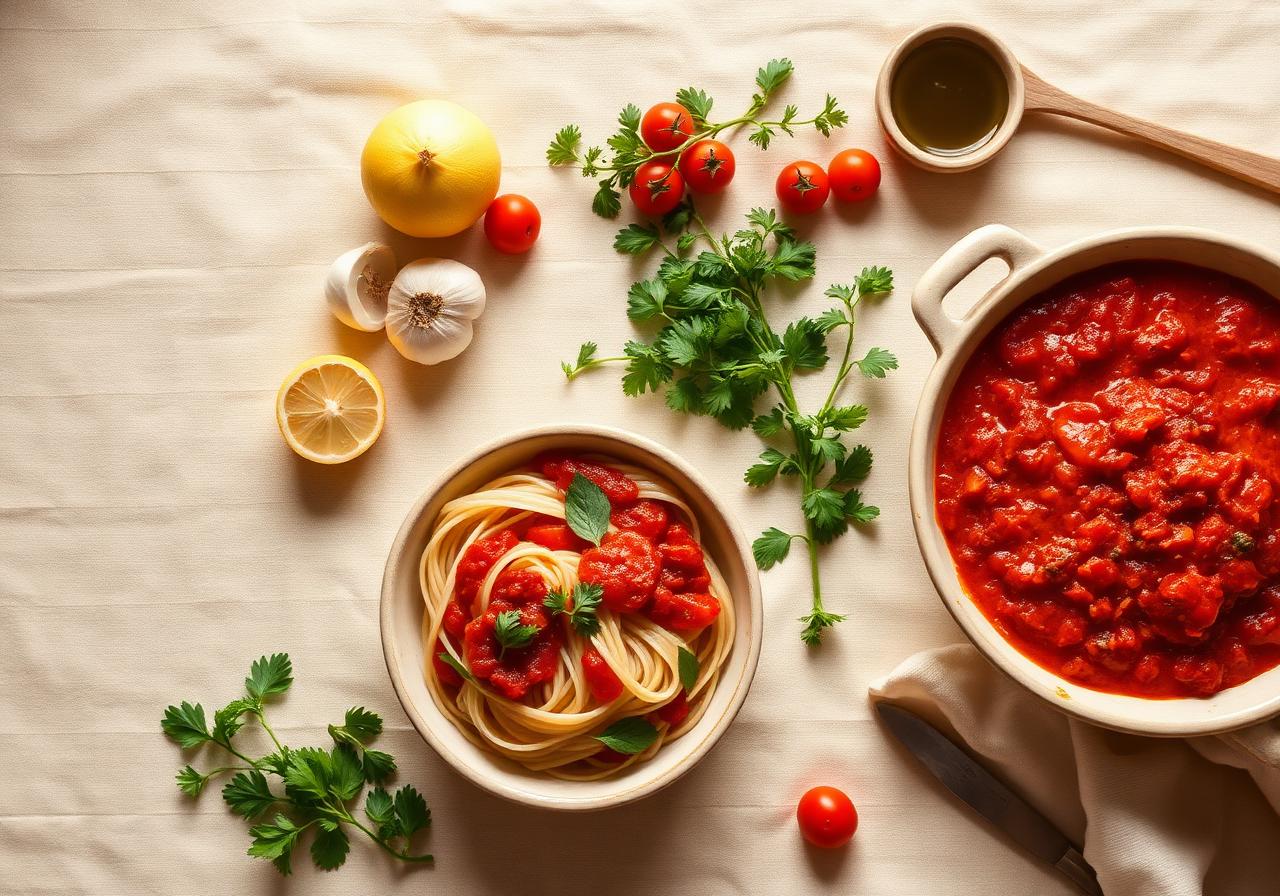 Overhead spread of fresh weeknight dinner ingredients on a warm cream linen — pasta with marinara, lemons, garlic, and herbs.